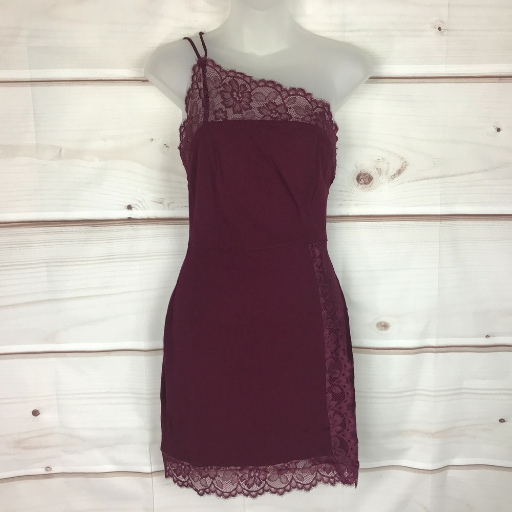 Free People Dress Womens S Purple Lace Trim Mini One Shoulder Bodycon Slip Solid